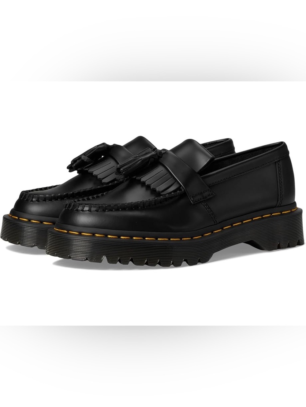 Dr. Martens Black Leather Kiltie Tassel Loafers with Yellow Stitching